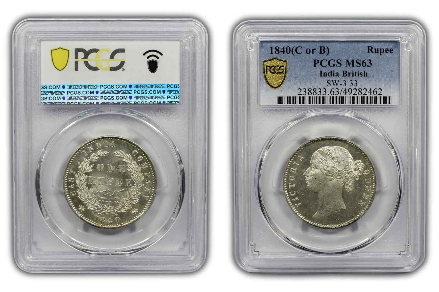 1840 India (C or B) Silver Rupee Coin PCGS MS 63