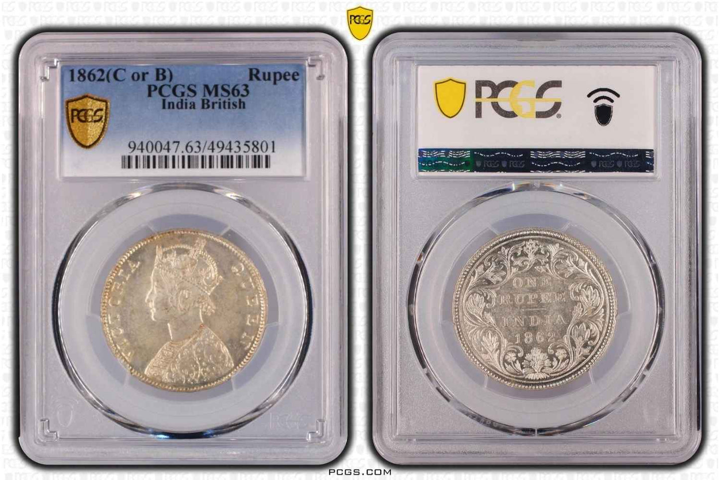 1862 C or B British India Rupee Coin PCGS MS63
