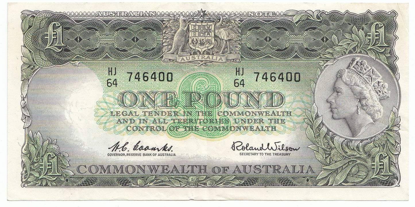 1961 Australia Coombs Wilson RESERVE BANK 1 Pound Note gVF - aEF
