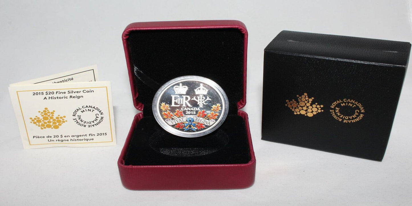2015 Canada Silver 1 Oz 999 A Historic Reign QEII $20 Proof Colored Coin