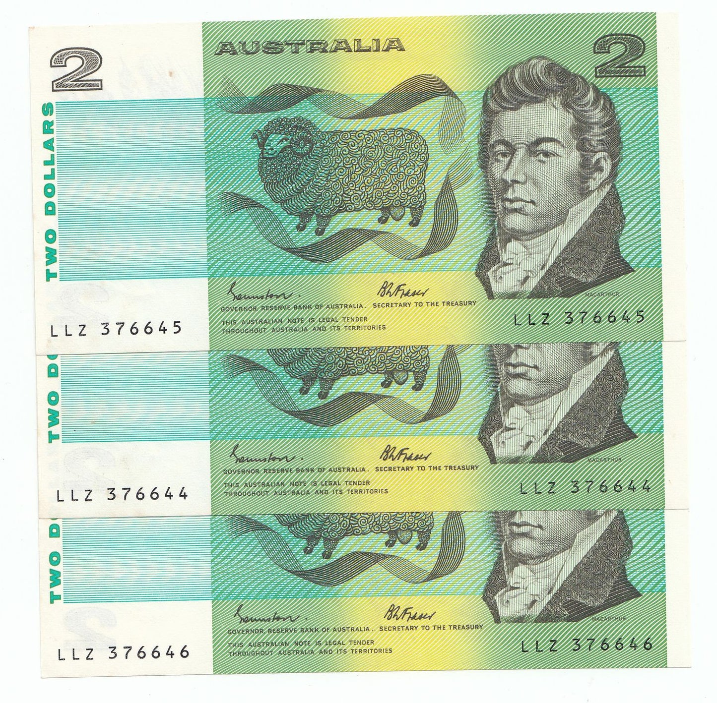 Australia 1985 Jonhston Fraser $2 Note CONSECUTIVE RUN OF 3 aUNC