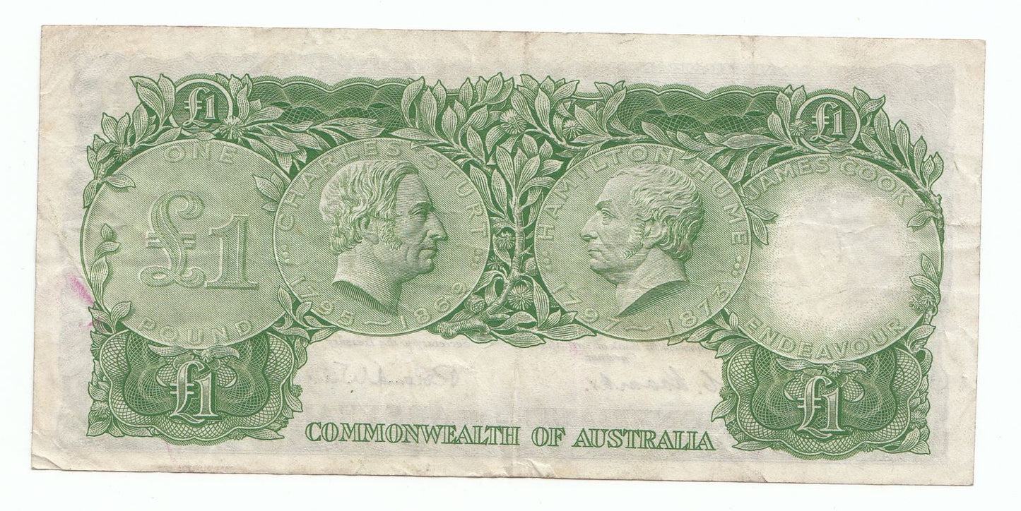 1953 Australia Coombs Wilson COMMONWEALTH BANK 1 Pound Note VF – gVF