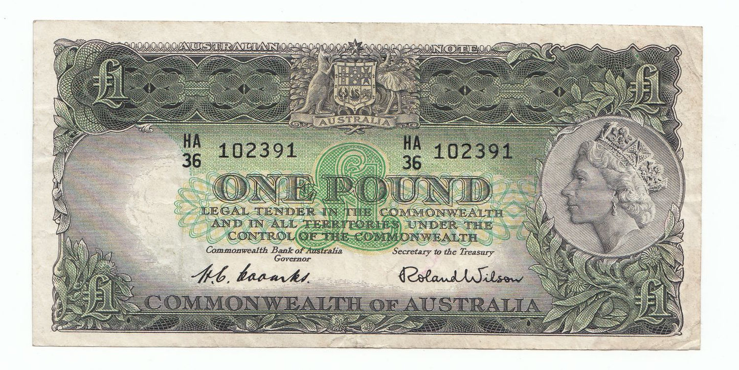 1953 Australia Coombs Wilson COMMONWEALTH BANK 1 Pound Note VF – gVF