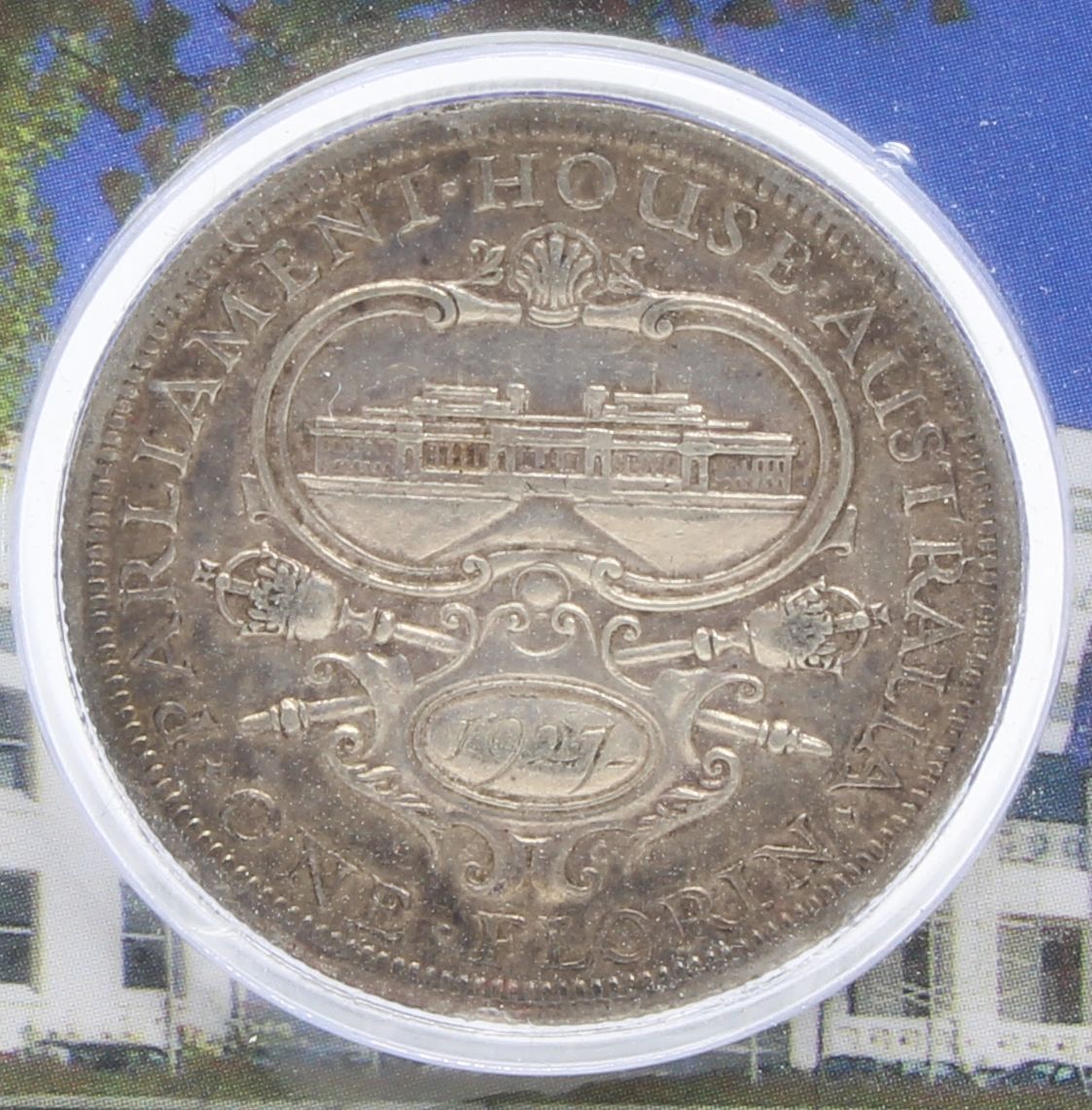 1927 Opening of The First Parliament House Canberra 1 Florin F-VF On Card