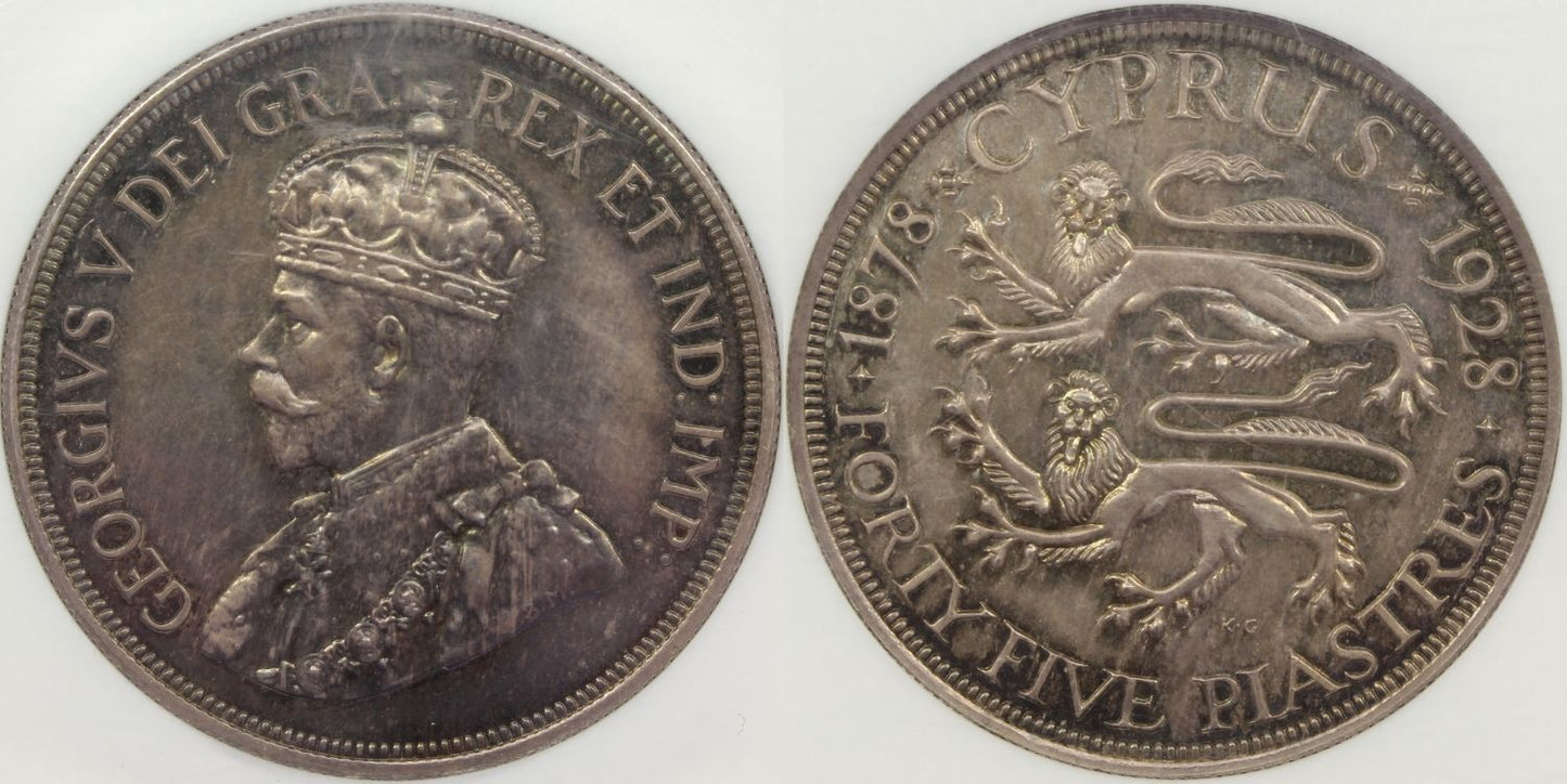 1928 Cyprus 45 Piastres Proof Coin NGC PF 63