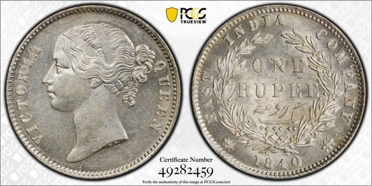 1840 India (C or B) Silver Rupee Coin PCGS MS 61