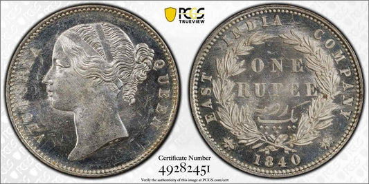 1840 India (C or B) Silver Rupee Coin PCGS MS 63