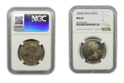 1890 B British India Silver Rupee Coin NGC MS62