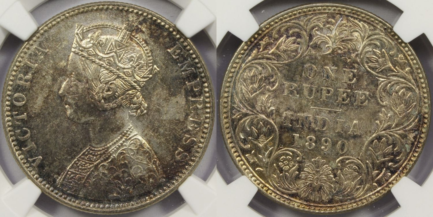 1890 B British India Silver Rupee Coin NGC MS62