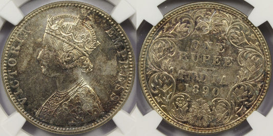 1890 B British India Silver Rupee Coin NGC MS62