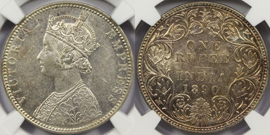 1890 B British India Silver Rupee Coin NGC MS61