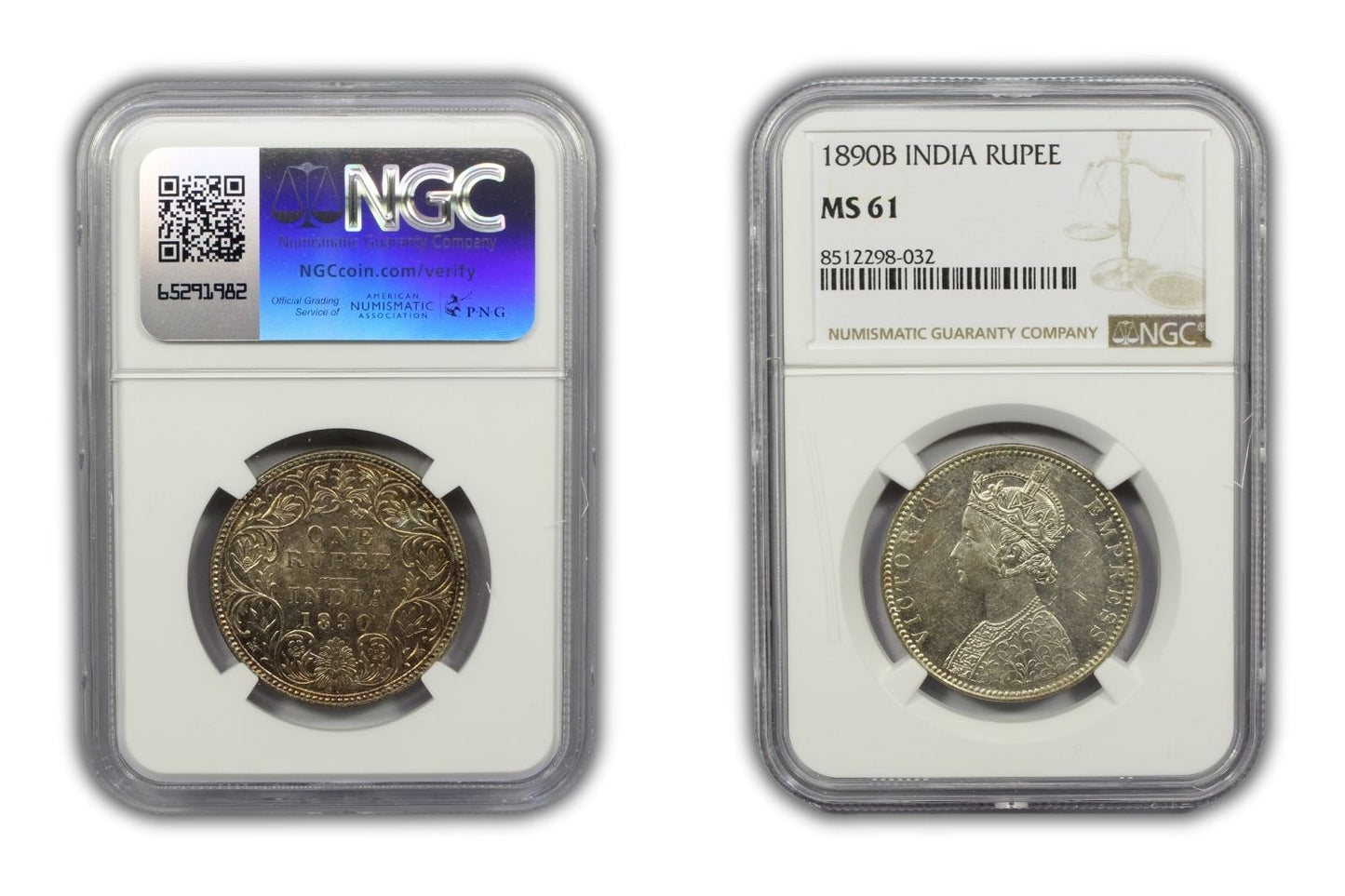 1890 B British India Silver Rupee Coin NGC MS61