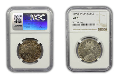 1890 B British India Silver Rupee Coin NGC MS61