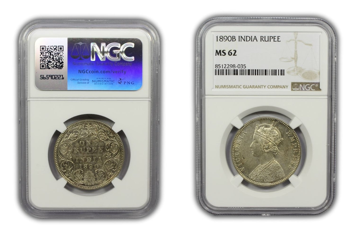 1890 B British India Silver Rupee Coin NGC MS62