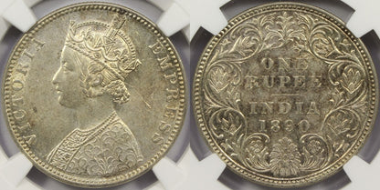 1890 B British India Silver Rupee Coin NGC MS62