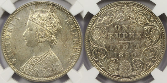 1890 B British India Silver Rupee Coin NGC MS62