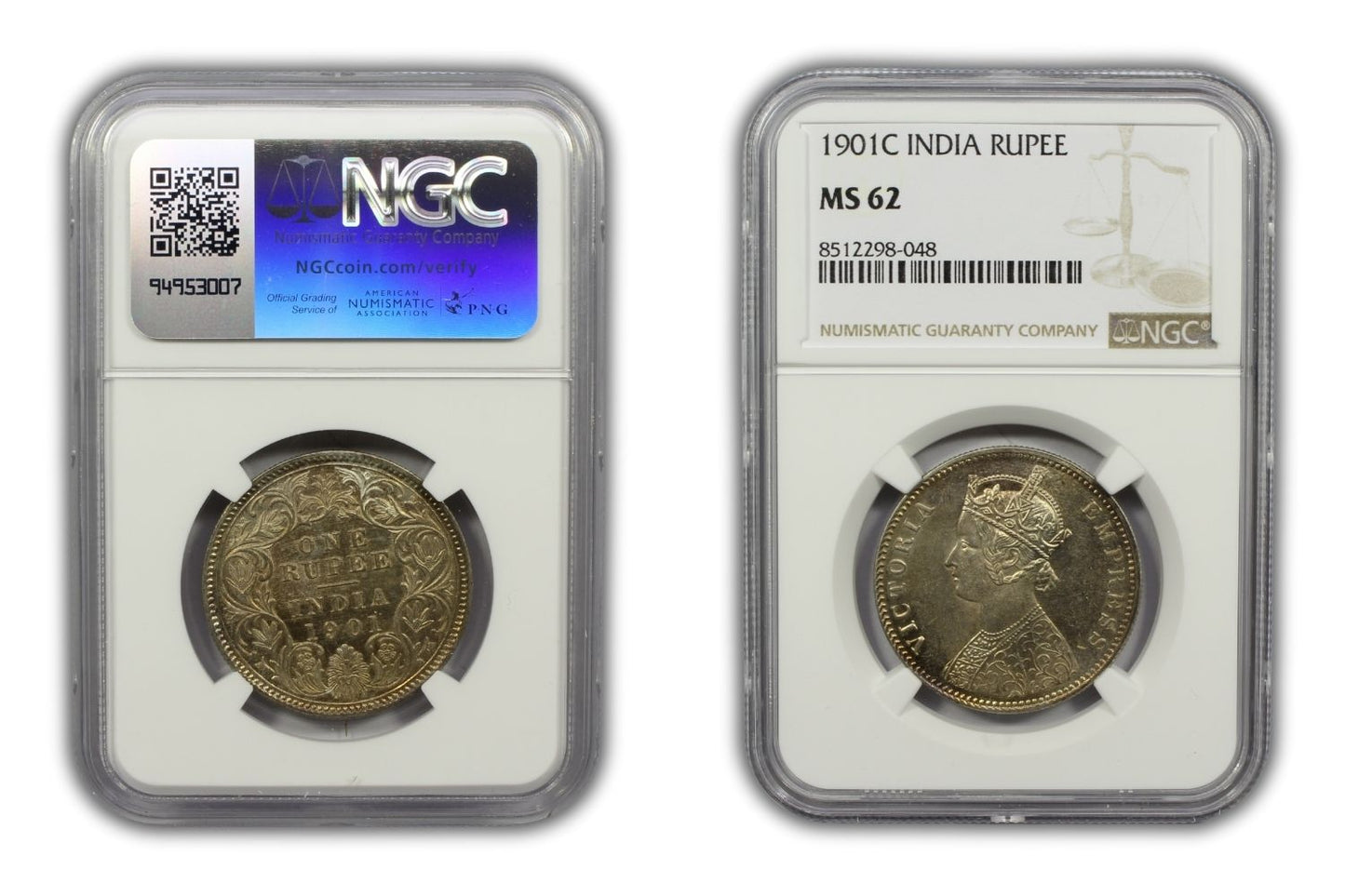 1901 C British India Silver Rupee Coin NGC MS62