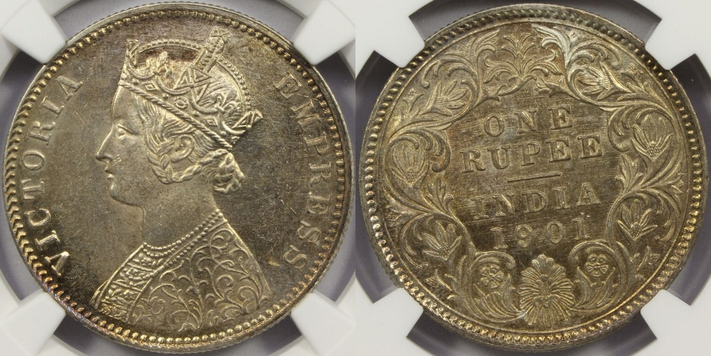 1901 C British India Silver Rupee Coin NGC MS62