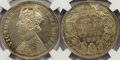 1901 C British India Silver Rupee Coin NGC MS62