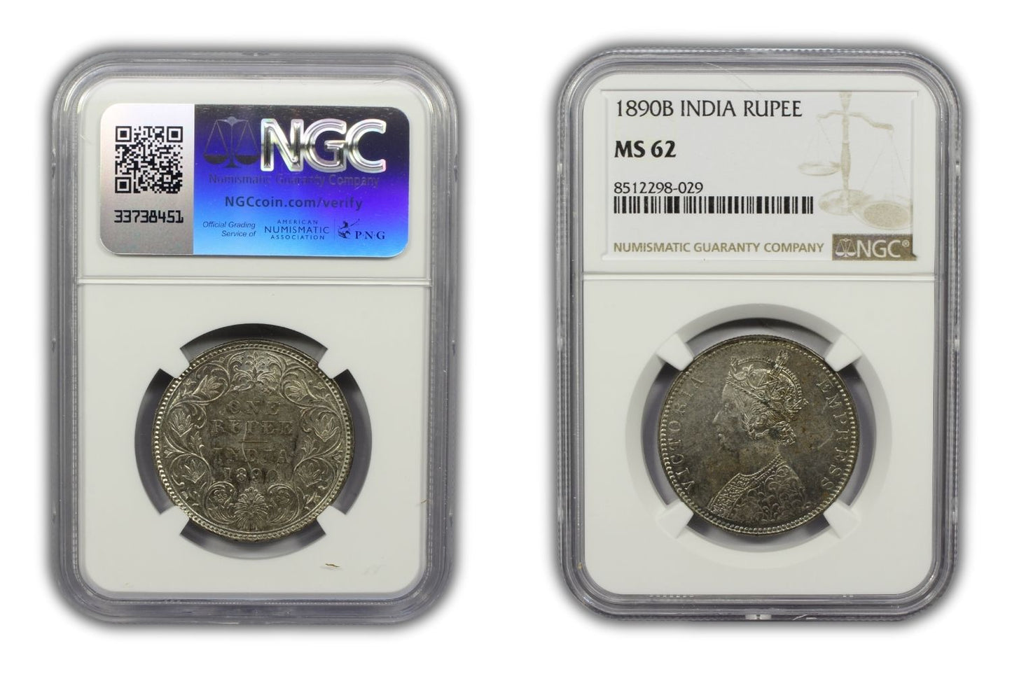 1890 B British India Silver Rupee Coin NGC MS62