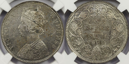 1890 B British India Silver Rupee Coin NGC MS62