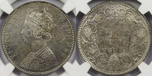 1890 B British India Silver Rupee Coin NGC MS62