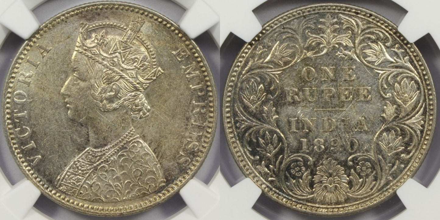 1890 B British India Silver Rupee Coin NGC MS61