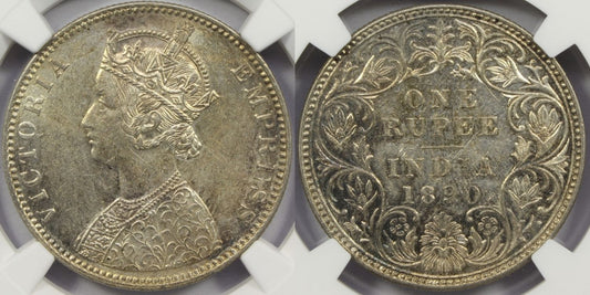 1890 B British India Silver Rupee Coin NGC MS61