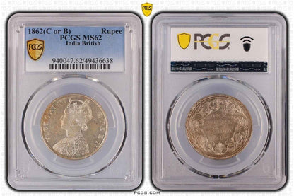 1862 C or B British India Rupee Coin PCGS MS62