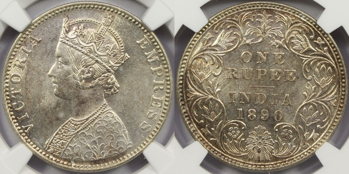 1890 B British India Silver Rupee Coin NGC MS63