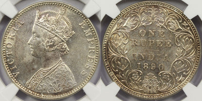 1890 B British India Silver Rupee Coin NGC MS63