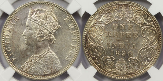 1890 B British India Silver Rupee Coin NGC MS63