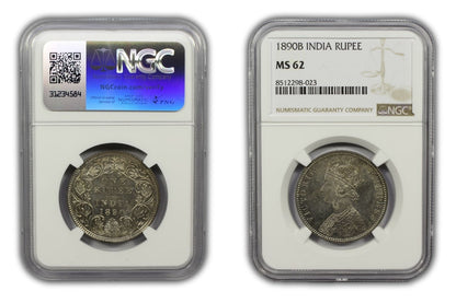 1890 B British India Silver Rupee Coin NGC MS62
