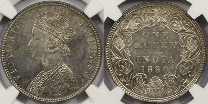 1890 B British India Silver Rupee Coin NGC MS62