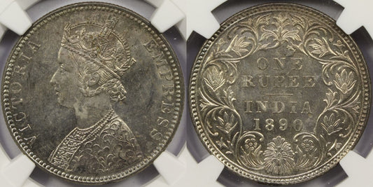 1890 B British India Silver Rupee Coin NGC MS62