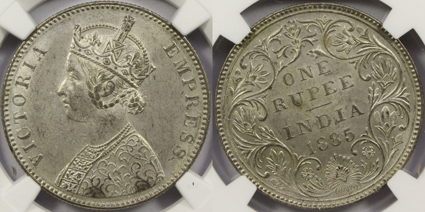 1885 B British India Silver Rupee Coin NGC MS63