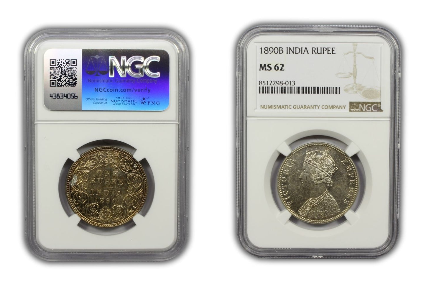 1890 B British India Silver Rupee Coin NGC MS62