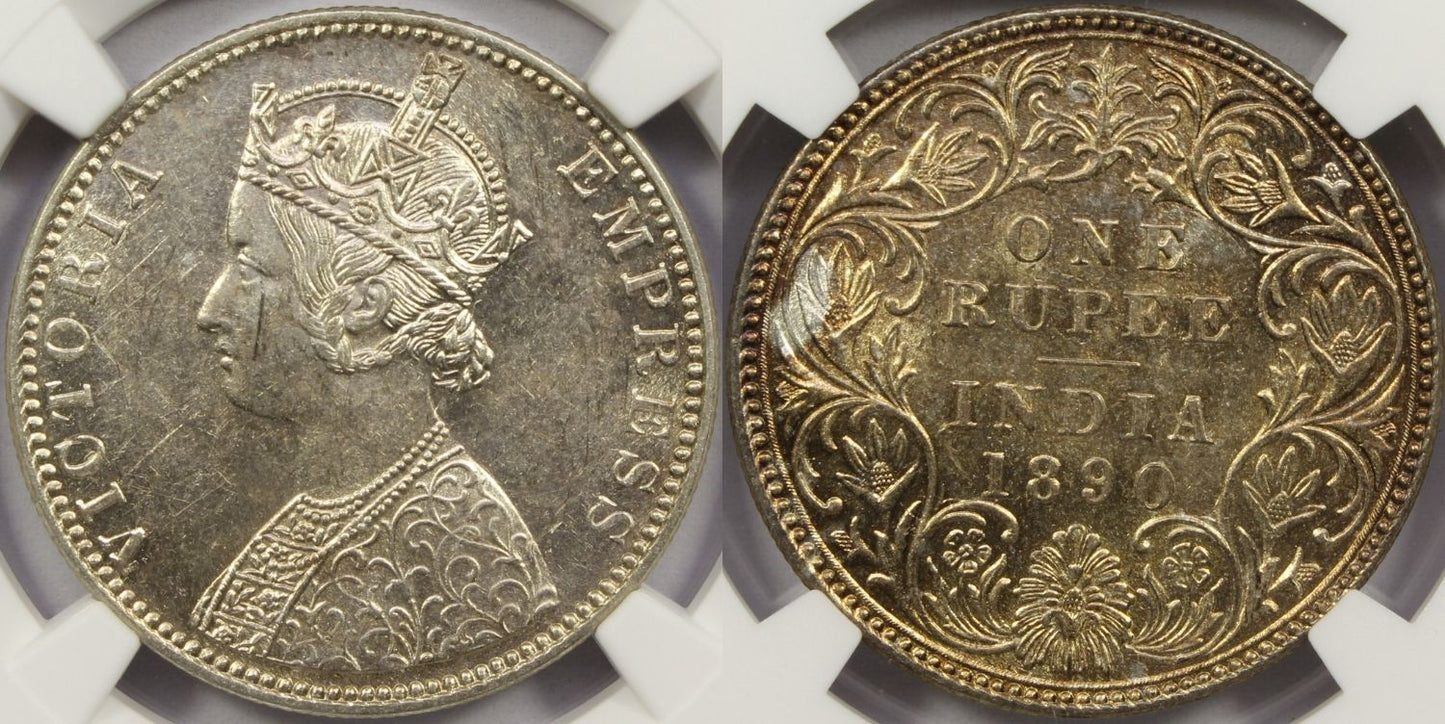 1890 B British India Silver Rupee Coin NGC MS62