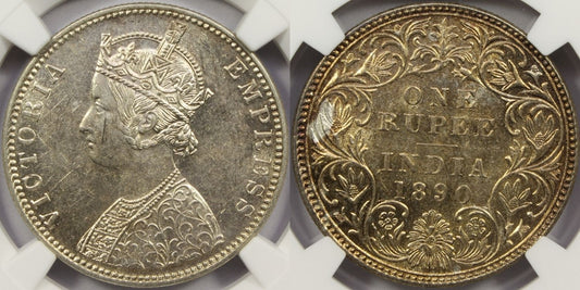 1890 B British India Silver Rupee Coin NGC MS62
