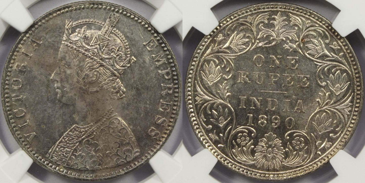 1890 B British India Silver Rupee Coin NGC MS63