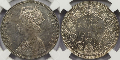 1890 B British India Silver Rupee Coin NGC MS63