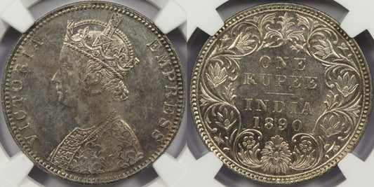 1890 B British India Silver Rupee Coin NGC MS63