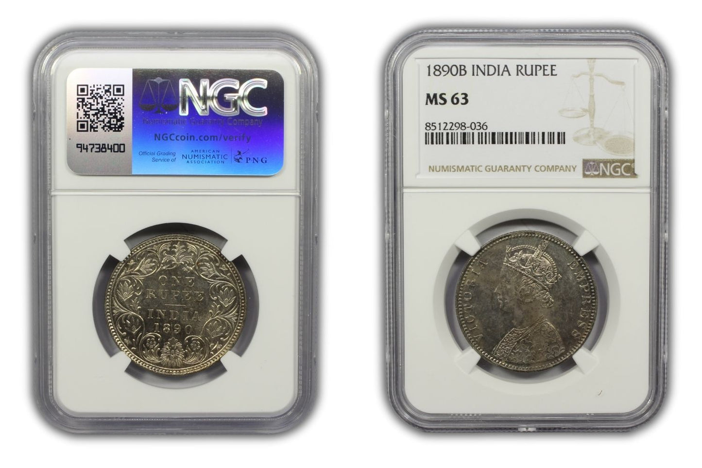 1890 B British India Silver Rupee Coin NGC MS63