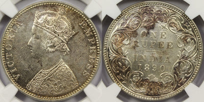 1890 B British India Silver Rupee Coin NGC MS61