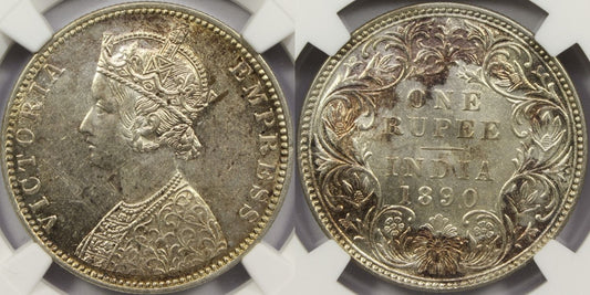 1890 B British India Silver Rupee Coin NGC MS61