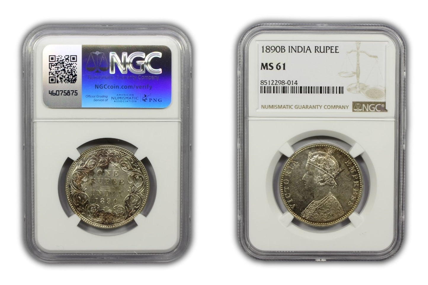 1890 B British India Silver Rupee Coin NGC MS61