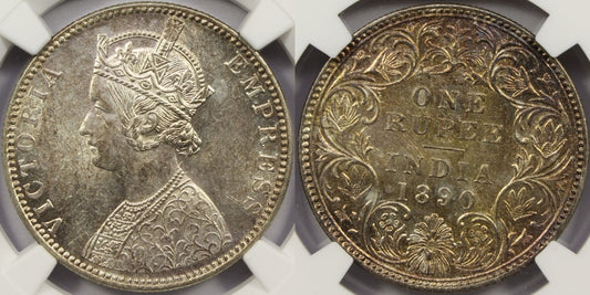 1890 B British India Silver Rupee Coin NGC MS62