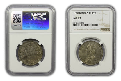 1884 B British India Silver Rupee Coin NGC MS63