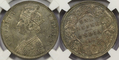 1884 B British India Silver Rupee Coin NGC MS63