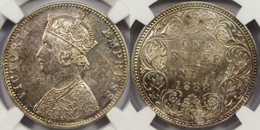 1888 B British India Silver Rupee Coin NGC MS62 Raised Mintmark Type C2/1